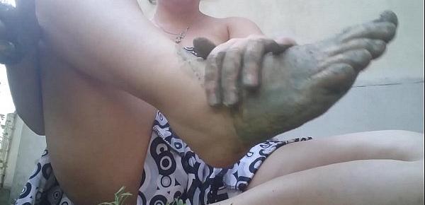  Lick my yellow boots completely dirty with green mud while I&039;m in the garden